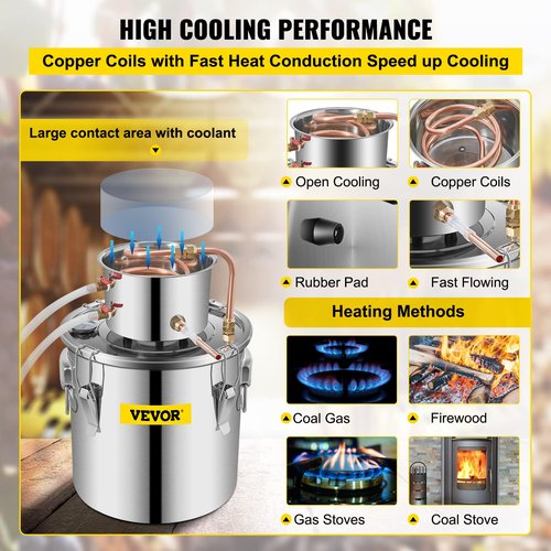VEVOR Alcohol Still 3Gal/12L Alcohol Distiller Stainless Steel Distillery Kit for Alcohol With Copper Tube Home Brewing Kit Build-in Thermometer for DIY Whisky Wine Brandy