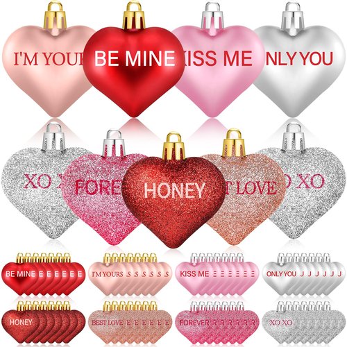 56PCS Valentines Tree Decorations Heart Ornaments, 8 Styles Valentines Day Heart Shaped Ornaments with Sweet Love Words Heart Baubles for Romantic Valentines Tree Decor Wedding Anniversary Decor