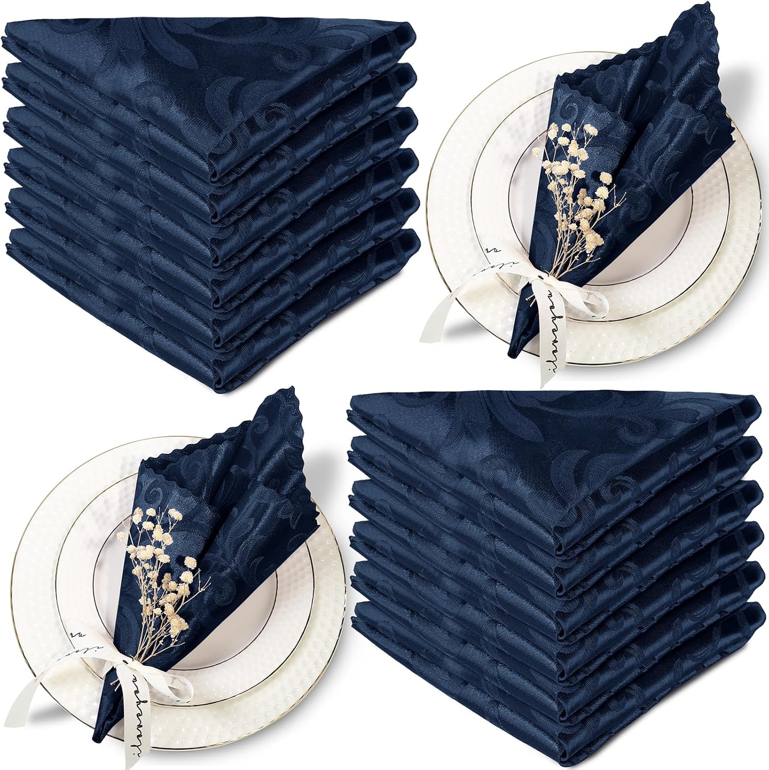 Aormenzy Navy Blue Satin Napkins - Elegant Floral Pattern | 17 x 17 Inches | 50 Pack
