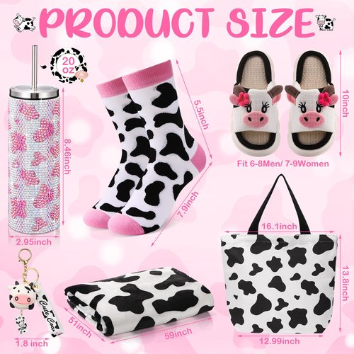 FillTouch 6 Pcs Cow Gifts Sets for Women Includes Tumbler Blanket Socks Slippers Tote Bag Keychain Pink Cow Print Stuff for Teachers Mother Nurses Day Birthday Farm Cowgirl Lovers Gifts