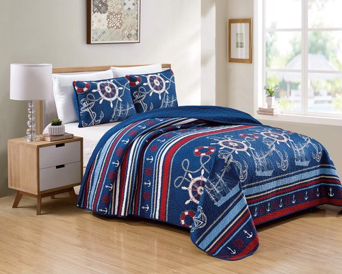 Kids Zone Home Linen Bedspread Set Navy Blue Red White Ships Rope Anchor Stripes New (Full/Queen)