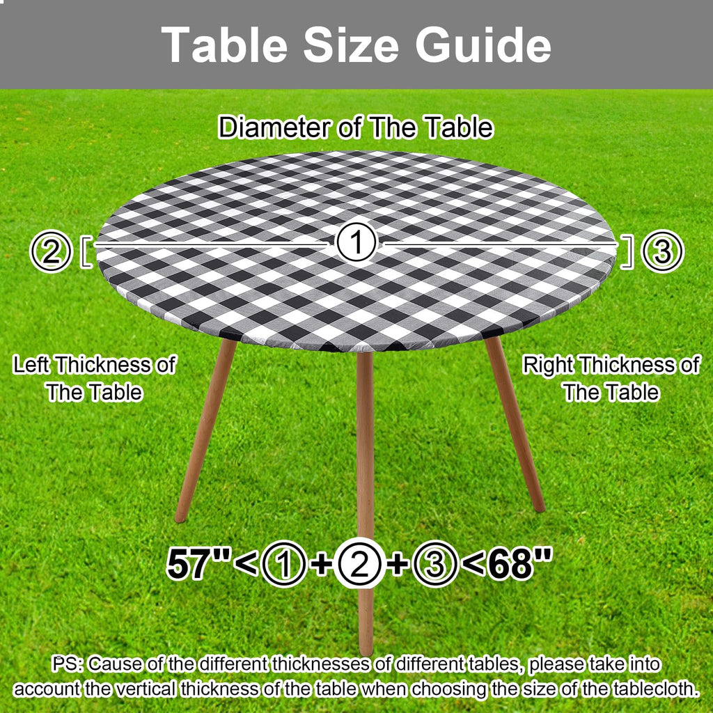 Smiry Round Picnic Tablecloth, Elastic Waterproof Fitted Vinyl Tablecloths for 57"-68" Tables, Flannel Backed Buffalo Plaid Table Cover for Dining, Camping, Outdoor, Black and White