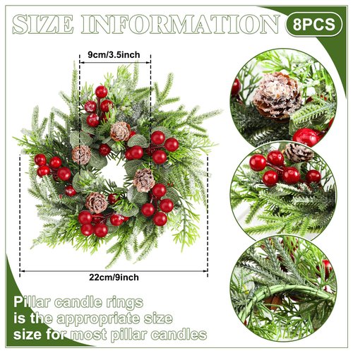 Lyrow 8 Pcs Christmas Candle Rings Wreath Xmas Kitchen Cabinet Mini Wreath Artificial Berries Snowy Pine Candle Ring Holder for Christmas Chandelier Home Table Centerpiece Indoor Decor