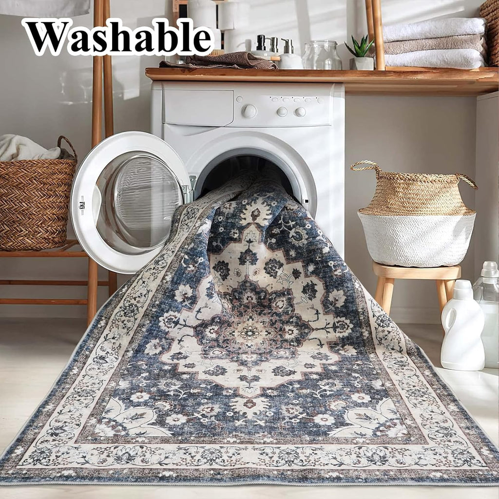 Regine Switzerland Washable 3x12 Hallway Runner Rug - Floral Non-Slip Accent Mat in Blue