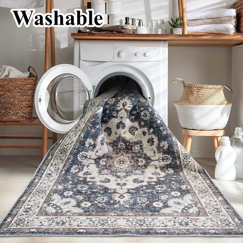 Hallway Runner Rug - Vintage Low Pile Blue Accent Carpet | Washable, Stain Resistant, Non-Slip (2x6)
