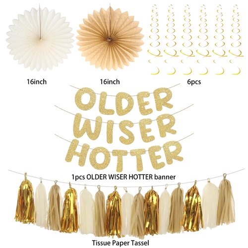 Roetyce Birthday Party Decorations, Gold Glitter Older Wiser Hotter Banner Photo Background for Women Men, Funny Happy Birthday Backdrop Decor, 30th 40th 50th 60th 70th 80th Party Supplies