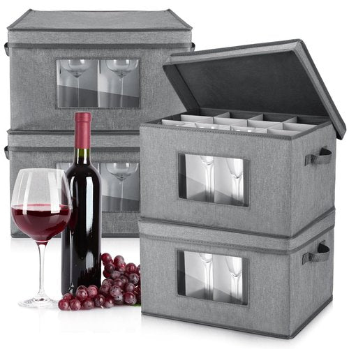 Uiifan 4 Pcs Wine Glass Storage Box with Dividers 12 Compartment Stemware Storage Cases China Container Box with Lid, Handles, PVC Window for Moving, Gray