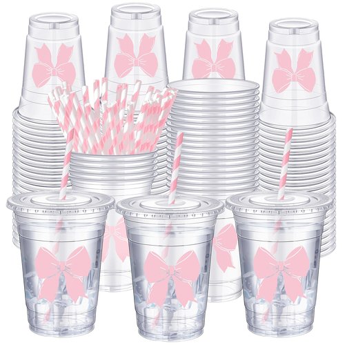 Sliner 50 Pcs 16 oz Coquette Disposable Plastic Cups with Straw for Party Supplies Bow Cups Birthday Wedding Bridal Engagement Party Drinkware Baby Shower Decoration (Pink Bow)