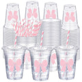 Sliner 50 Pcs 16 oz Coquette Disposable Plastic Cups with Straw for Party Supplies Bow Cups Birthday Wedding Bridal Engagement Party Drinkware Baby Shower Decoration (Pink Bow)