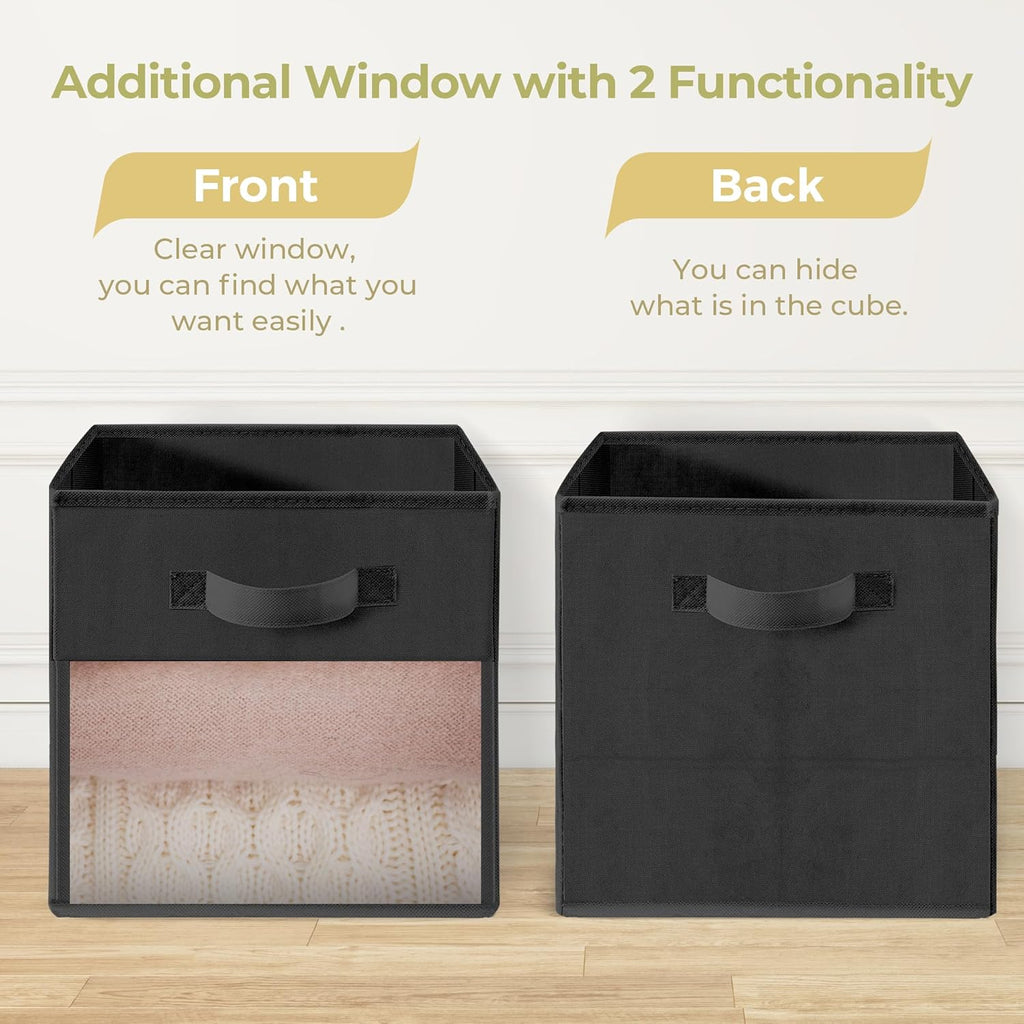 Storage Bins - 11x11 Collapsible Cube Organizers with Clear Window & Handles | Black, 12 Pack