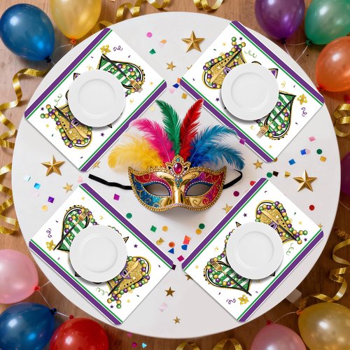 KOPOOEOE 6 Set Carnival Mardi Placemats, 11x16 Inch Fleur de Lis Heart Bead Plastic Placemats Spring Holiday New Orleans Cocktail Table Mats for Carnival Masquerade Party Festival Decor