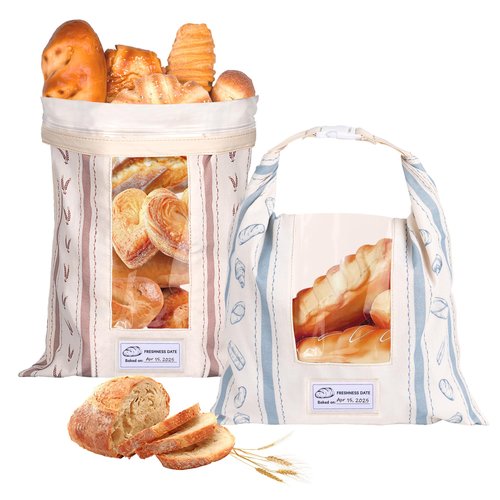 Katgogoo Reusable Bread Bags, Cotton & TPU Lining Bread Bags with Transparent Window, Anti-Slip Lock Keeps Homemade & Sourdough Bread Fresh Longer, Eco-Friendly Washable Storage with Tag(2 Pack)