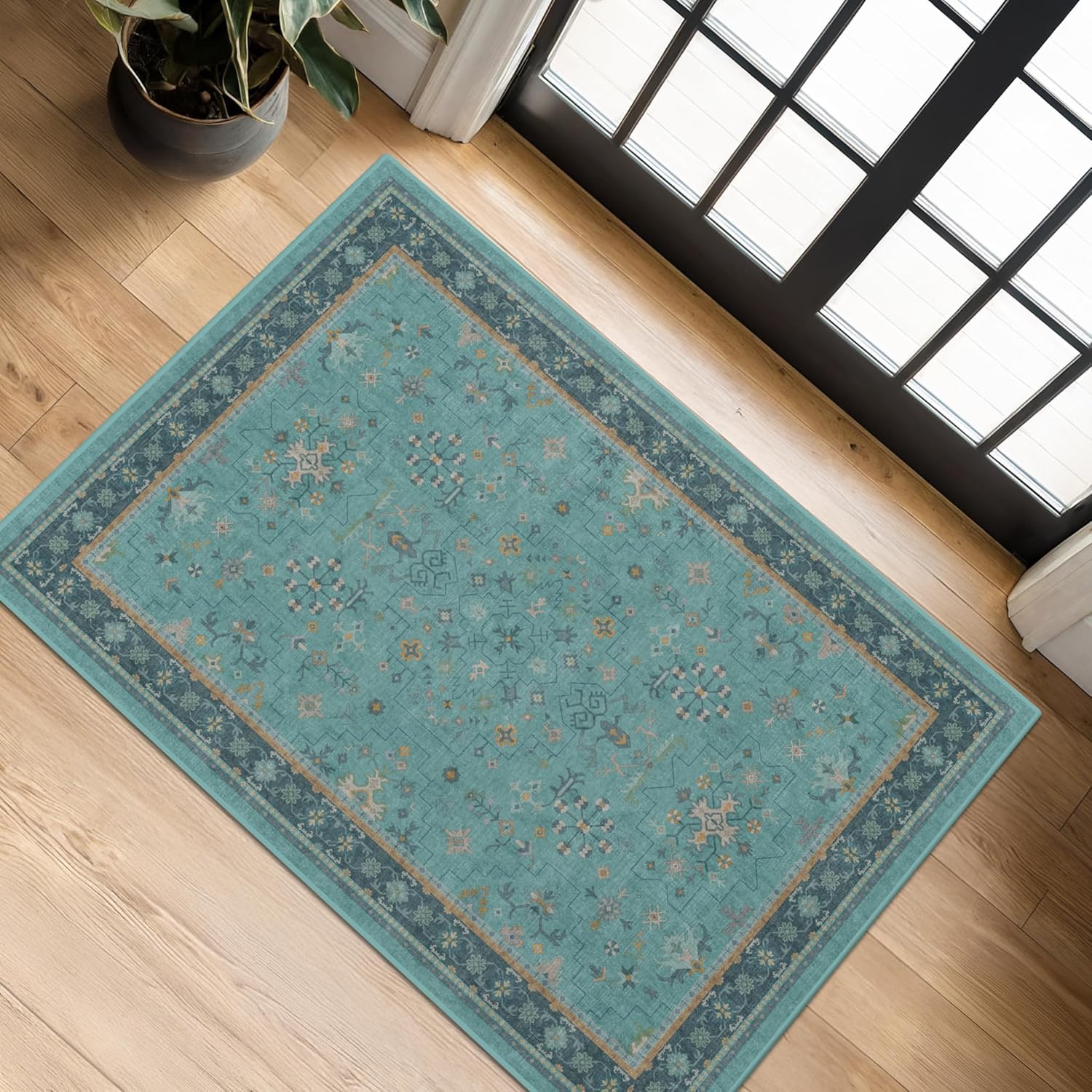 Teal Throw Rugs by 2x4 - Washable Non-Slip Kitchen Rug | Boho Floral Indoor Carpet for Entryway & Bathroom