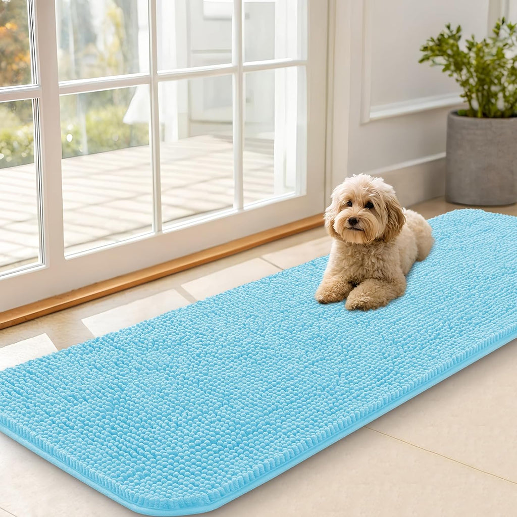 OLANLY Dog Door Mat - Absorbent Non-Slip Chenille Mat for Muddy Paws | 59x20 Inches, Quick Dry, Blue