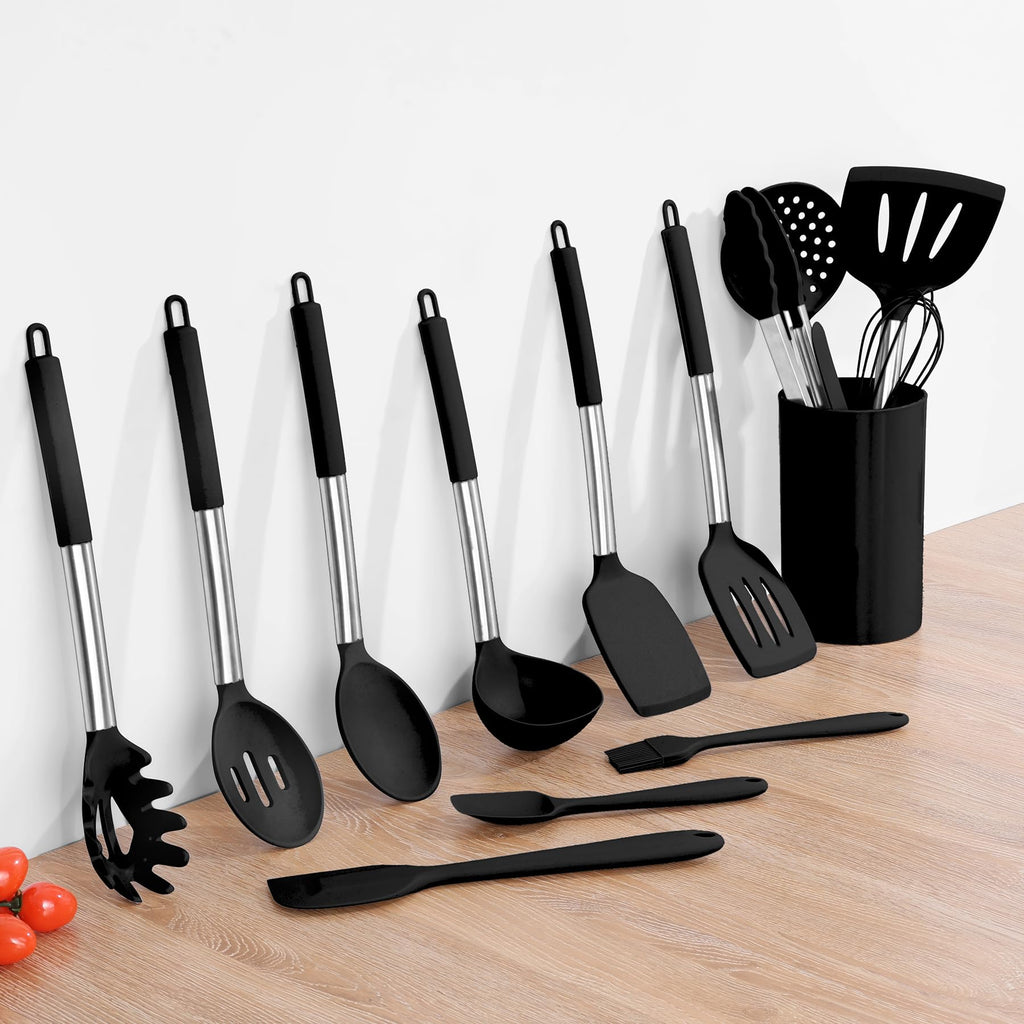 Onader Kitchen Utensils Set, 15 Pcs Silicone Cooking Utensils Set with Holder and Heat Resistant Stainless Steel Handle for Nonstick Cookware - Black