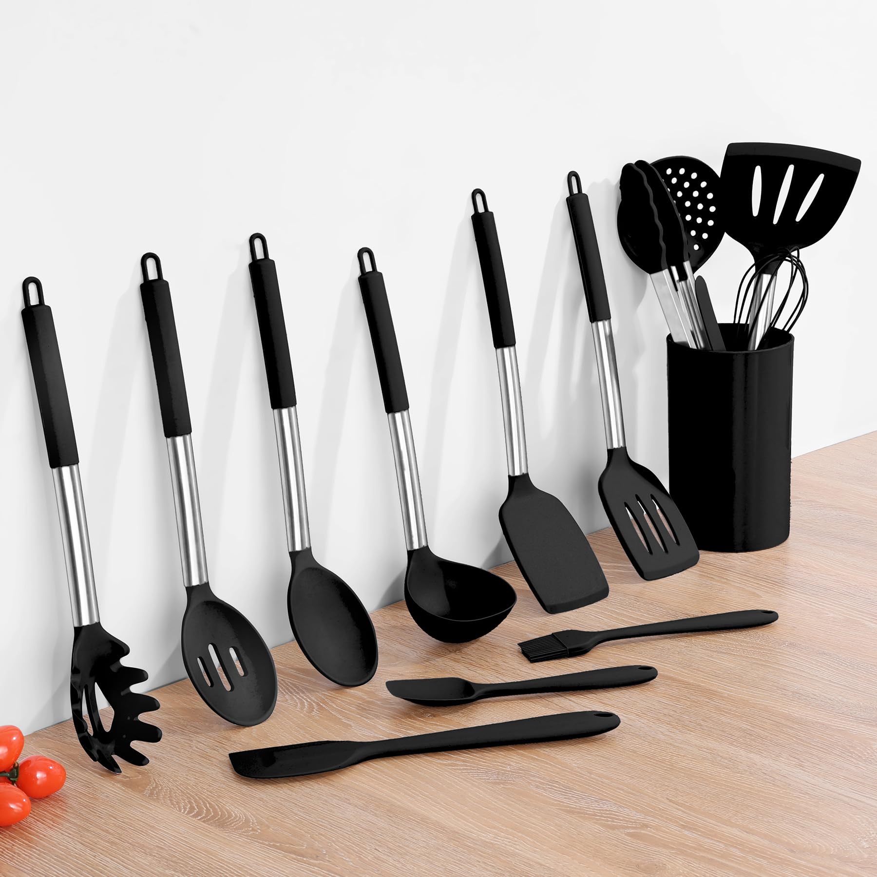Onader Kitchen Utensils Set, 15 Pcs Silicone Cooking Utensils Set with Holder and Heat Resistant Stainless Steel Handle for Nonstick Cookware - Black
