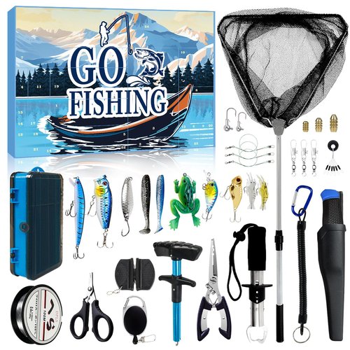 MH MYLUNE HOME Fishing Advent Calendar 2025-24 Days Fishing Tools and Lures Kit for Fisher Adult Men Teen, Fish Net, Hook Remover Tool, 2025 for Men, Xmas Surprise Gift