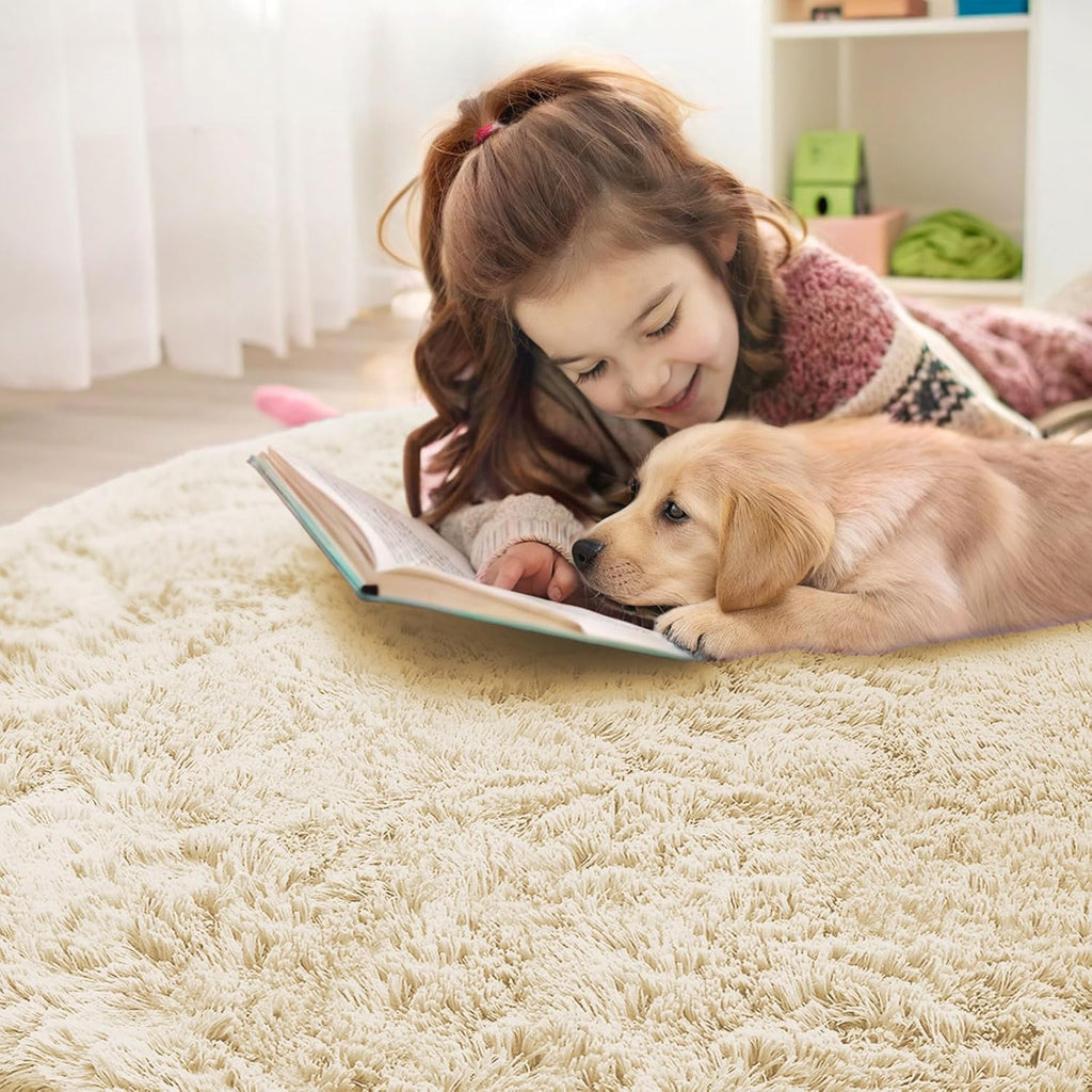 OLANLY Cream Round Area Rug - Soft & Fluffy Machine Washable 4 ft Circle Carpet for Bedroom & Living Room