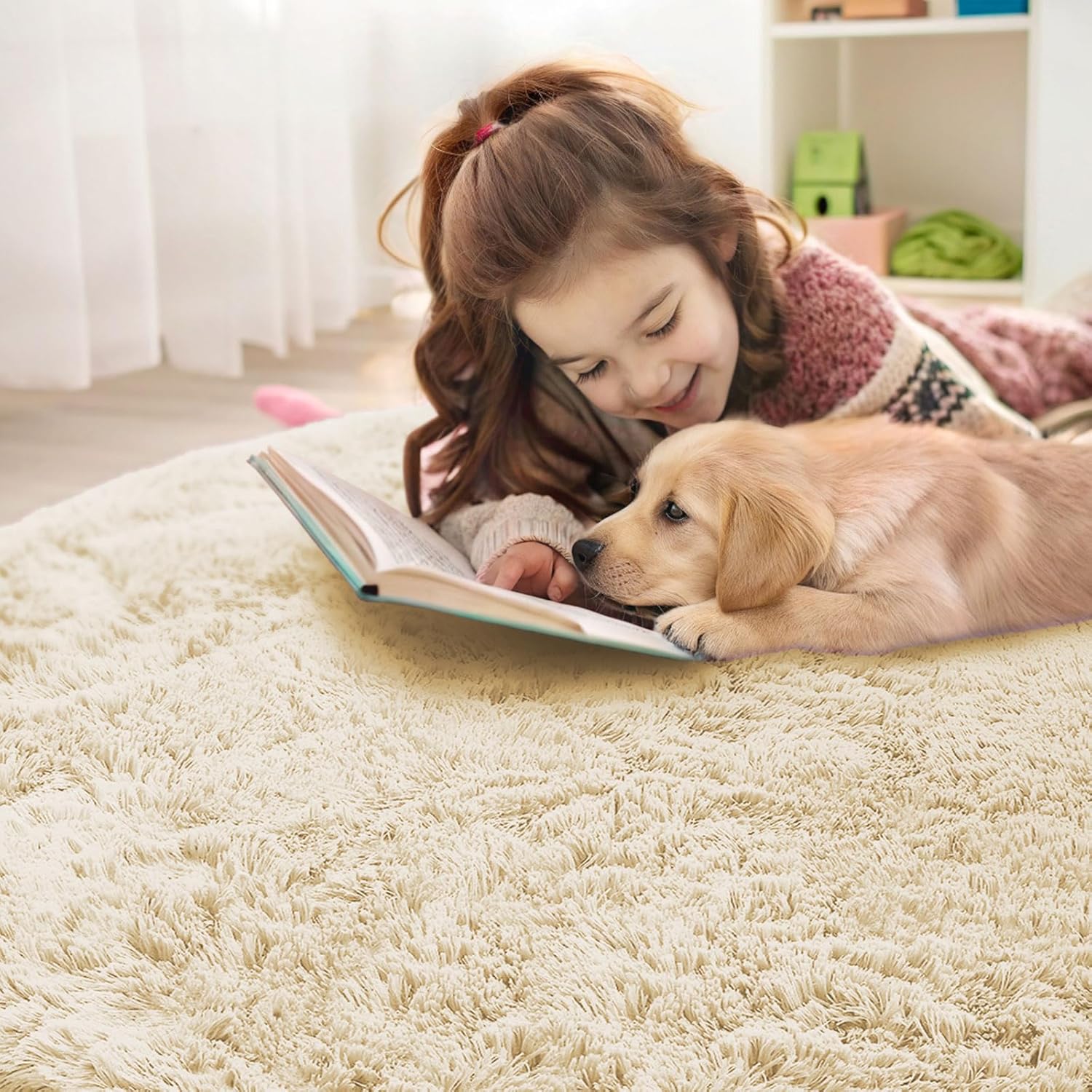 OLANLY Cream Round Area Rug - Soft & Fluffy Machine Washable 4 ft Circle Carpet for Bedroom & Living Room