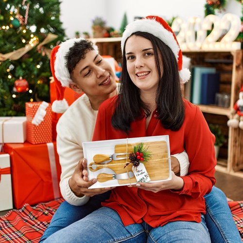 12 Set Christmas Gifts Bridal Shower Favor Bamboo Wooden Square Cheese Board Gift Set Cheese Knives Mini Cutting Board Bulk Set Tags and Boxes Christmas Party Birthday