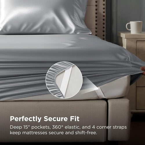 Bedsure Satin Sheets - 4-Piece Queen Size Silky Bedsheets with Deep Pocket & Elastic Straps | Silver Grey