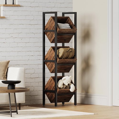 LITTLE TREE 3-Tier Basket Stand, Wooden Floor Stand Shelving Unit, Rustic Standing Organizer Storage Rack for Kitchen, Bathroom, Living Room