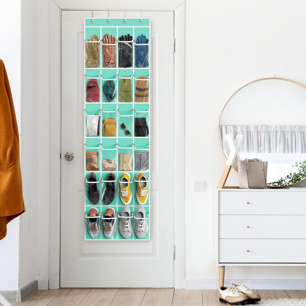Simple Houseware 24-Pocket Over The Door Shoe Organizer - Crystal Clear, Turquoise (64'' x 19'')