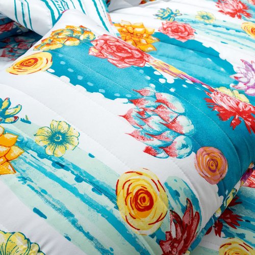 Lush Decor Southwest Vibrant Cactus Reversible Oversized 3 Piece Quilt Set, King/Cal King, Turquoise & Orange