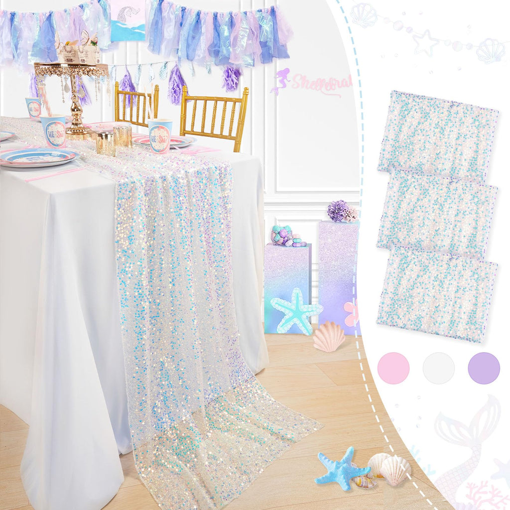 White Table Runner 3 Packs 25x120 Inches Iridescent Sequin Table Runner for Little Mermaid Birthday Ocean Themed Party Decorations