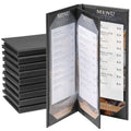 AMGSH 10 Pack 4 View Menu Holder Menu Covers 4.25" x 11" | 10 Pack Black Leather Menu Sleeves Book Style for Restaurant Coffee Bars Wine List (4 View, 10 Pack)