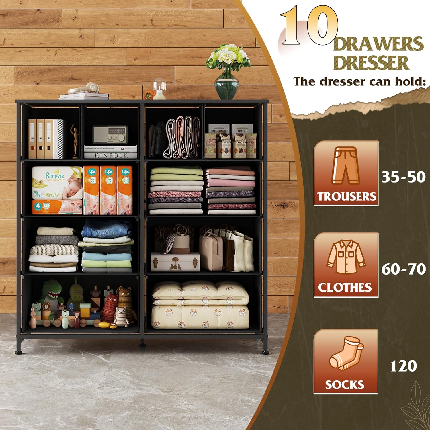 WLIVE Dresser - Tall Chest Organizer with 10 Fabric Drawers & Wooden Top - Black Storage Unit for Bedroom