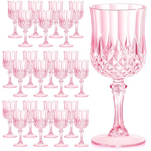 HTTBEIZI 7OZ Plastic Wine Glasses, Reusable Vintage Goblets Unbreakable Drinking Glasses Crystal Water Cups Champagne for Wedding, Parties, Easter (24, Pink)