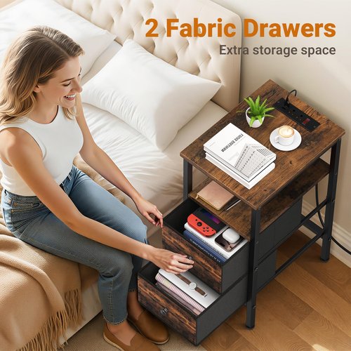 Lewondr End Table with Charging Station and LED Light, Narrow Side Table with 2 Fabric Drawers, Thin Nightstand with USB Ports for Bedside, Bedroom, Living Room, Small Spaces