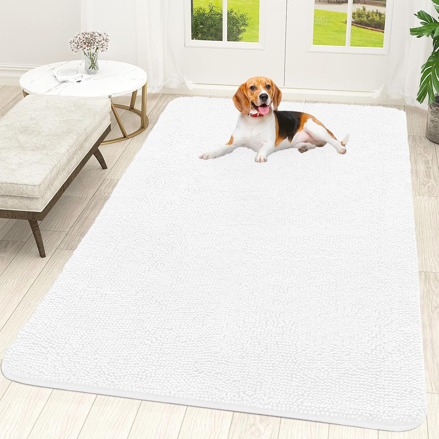 OLANLY Dog Door Mat - Absorbent Non-Slip Chenille Mat for Muddy Paws | 70x46, Quick Dry, White
