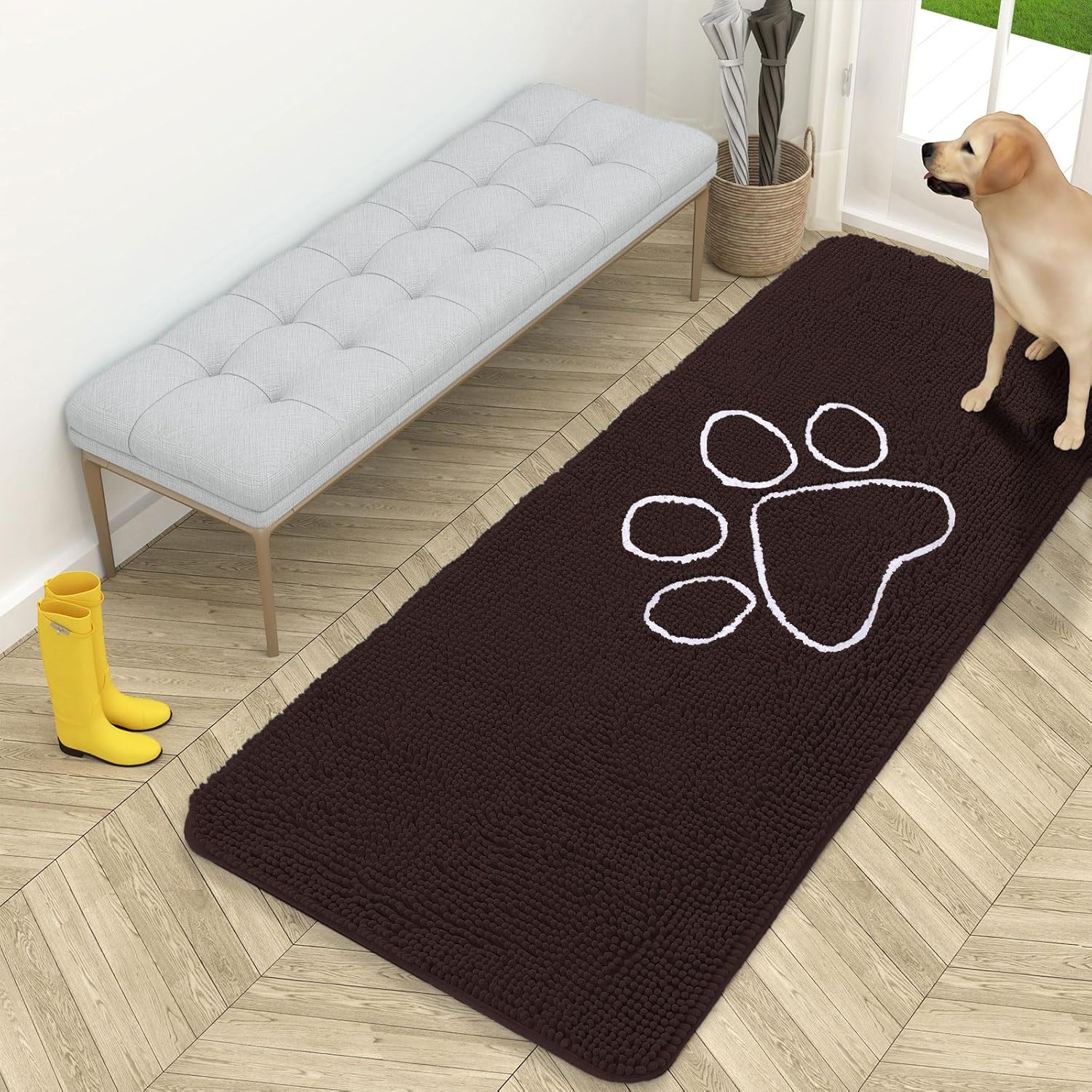 OLANLY Dog Door Mat - Absorbent Non-Slip Mud Mat for Muddy Paws | 59x24 Inches, Brown Paw Print Design