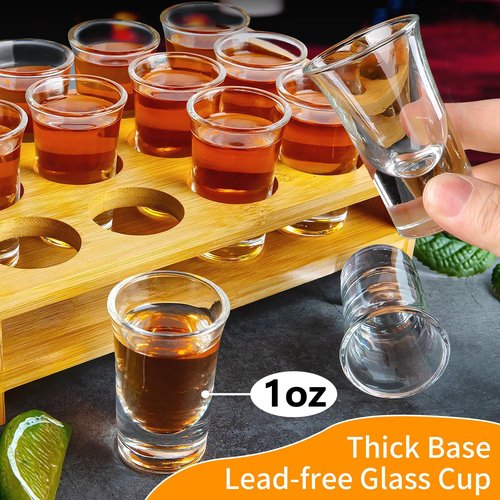 Supwinnet Shot Glasses Set of 12 Tray Serving Holder 1oz/30ml Bulk Glass Cups Thick Base with Stand Organizer for Tequila Party Club Bar Home Restaurant Kitchen Glassware Spirit Tasting Gift