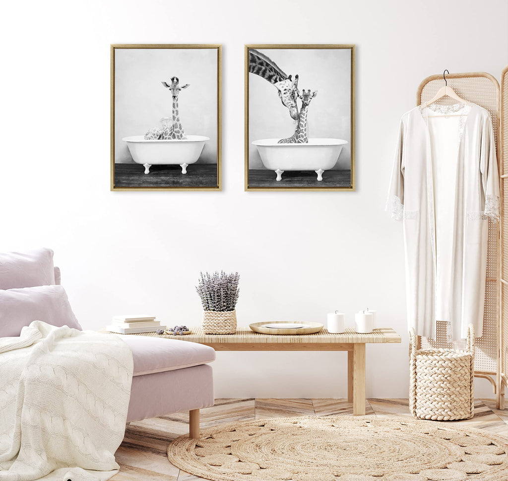 Kate and Laurel Sylvie Giraffe In Tub Framed Canvas Wall Art by Amy Peterson Art Studio; 18x24 Gold; Modern Fun Decorative Bathtub Wall Art for Home Décor
