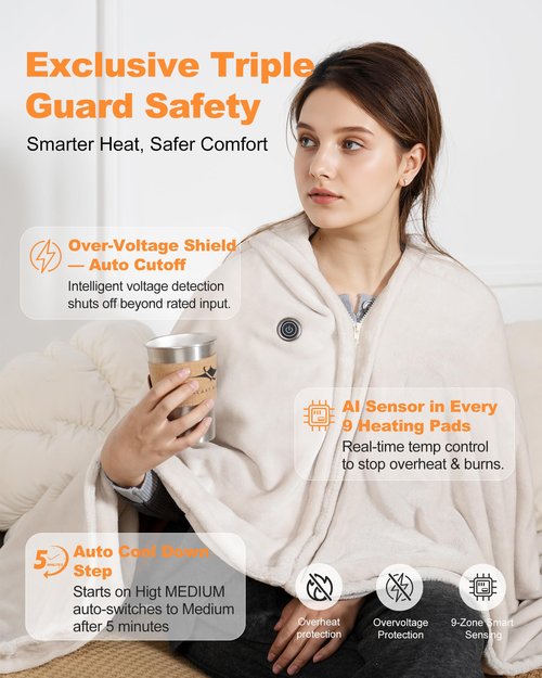 MIMYTH Cordless Heated Blanket with Hood, Rechargeable Wearable Heated Blanket Battery Powered with Lasting Battery, Portable Heated Throw Blanket with 9 Heating Zones & 3 Levels Adjustable, Camping