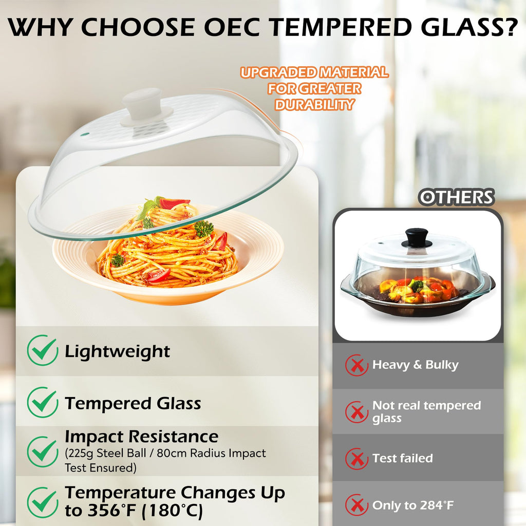 OEC Lighter Weight Tempered Glass Microwave Splatter Cover - 12.5 inch (Inner Diameter 11.4”) - Heat-Resistant - Durable Glass Lid with Vent, Silicone Knob, Dishwasher Safe, 100% Food Grade - BPA Free