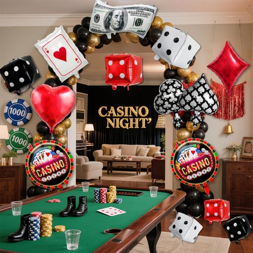 16 Pcs Casino Balloon Set, Jumbo Dice Balloon, Poker Card Balloons Heart, Diamond, Spade, Club, Dollar Sign Ballons, Game Night Ballons for Texas Poker Parties Decor, Las Vegas Themed Party Supplies