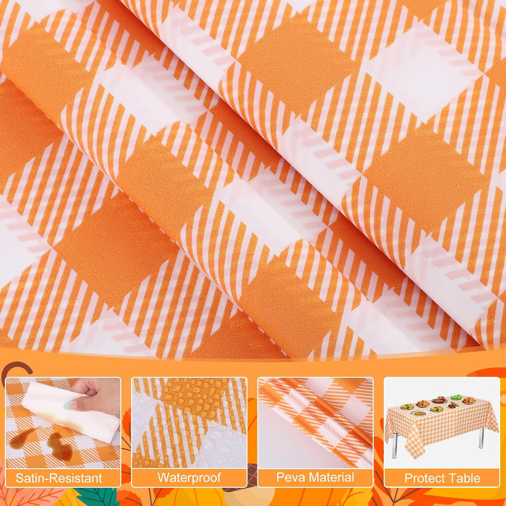Skiennix Orange Gingham Tablecloth - 54" x 108" Waterproof Disposable Checkered Cover for Parties & Events