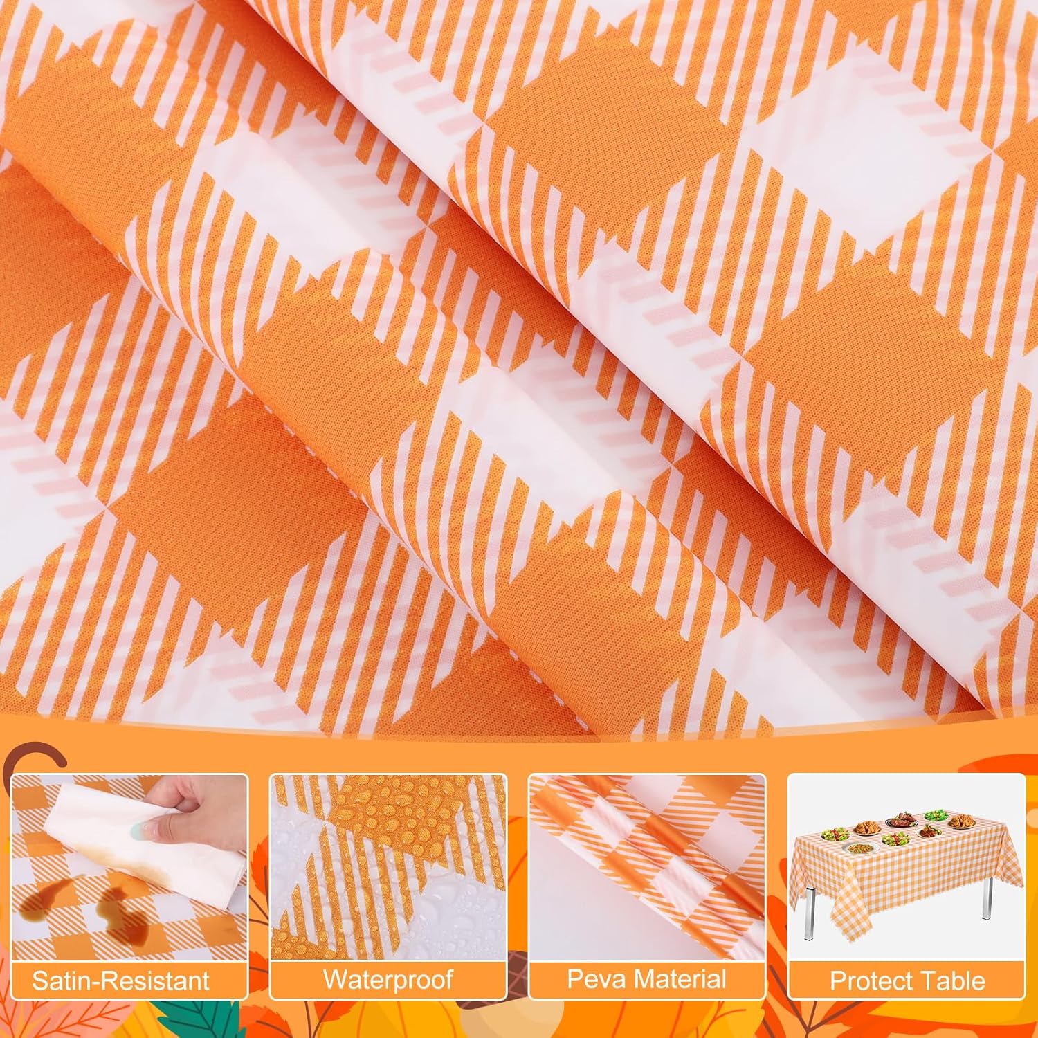 Skiennix Orange Gingham Tablecloth - 54" x 108" Waterproof Disposable Checkered Cover for Parties & Events