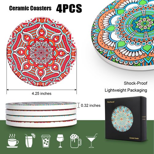 Ceramic Coasters Set of 4 – Drink Coasters with Cork Backing, Non-Slip & Heat Resistant – Intricate Embossed Mandala Boho Coasters with Vibrant Glaze for Coffee Table, Desk, Patio & Home Decor Gifts