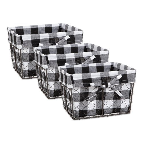DII Farmhouse Chicken Wire Storage Baskets with Liner, Small, Vintage Black & White Check, 9x7x6", 3 Piece