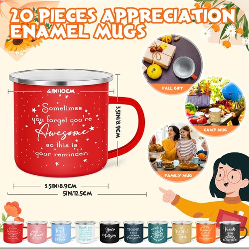 Wesiti 20 Pcs Thank You Gifts Mugs 12 oz Enamel Thank You Mug Coffee Mugs for Team Women Men Inspirational Employee Appreciation Mug for Staff Teacher Coworker Groups Office Volunteer Nurse(Boho)