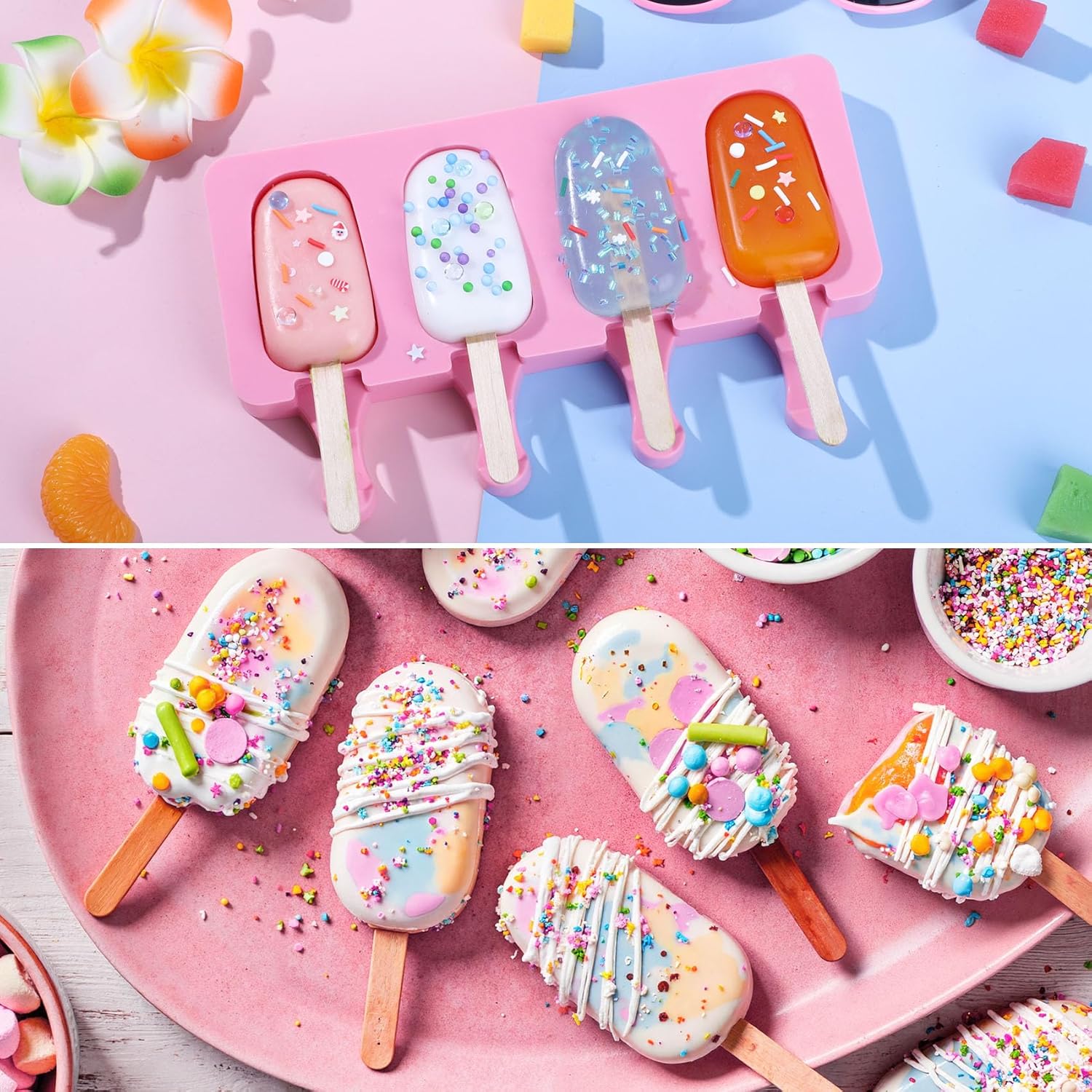Ouddy Life Popsicle Molds - Set of 2 Silicone Ice Cream Molds with 50 Wooden Sticks | Pink