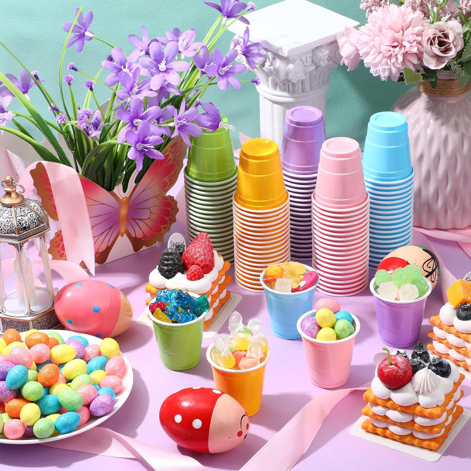 Roshtia 100 Pack 2 oz Plastic Shot Cups - Mini Disposable Party Glasses for Weddings & Events | Light Multicolor