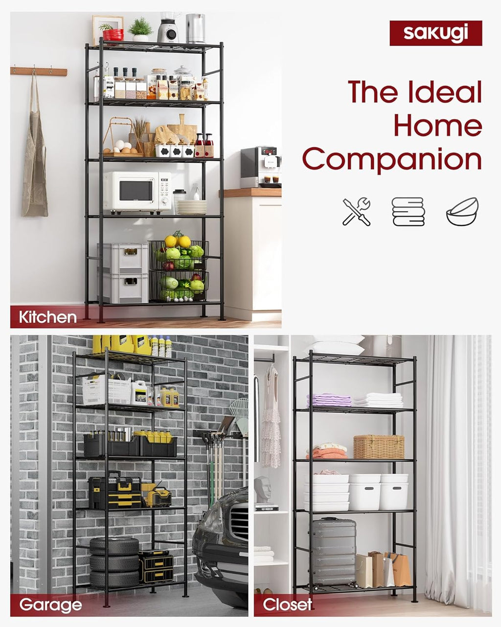 Sakugi Storage Shelves - Heavy Duty 5-Tier Shelf Organizer for Garage, Kitchen & Pantry | 33" W x 12.6" D x 72" H, Black