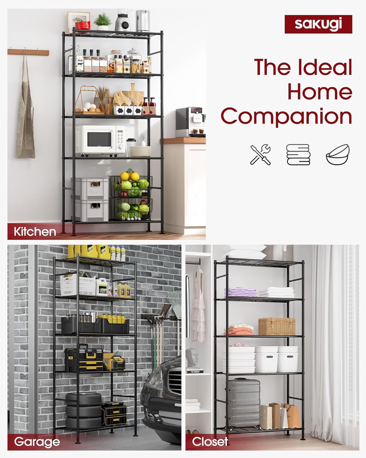 Sakugi Storage Shelves - Heavy Duty 5-Tier Shelf Organizer for Garage, Kitchen & Pantry | 33" W x 12.6" D x 72" H, Black