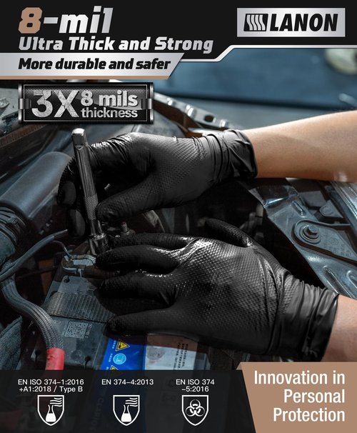 LANON 8 Mil Heavy Duty Black Nitrile Gloves, Food Safe, Latex Free, Mechanic, Fully-Diamond Textured Grip Industrial Disposable Gloves, X-Large